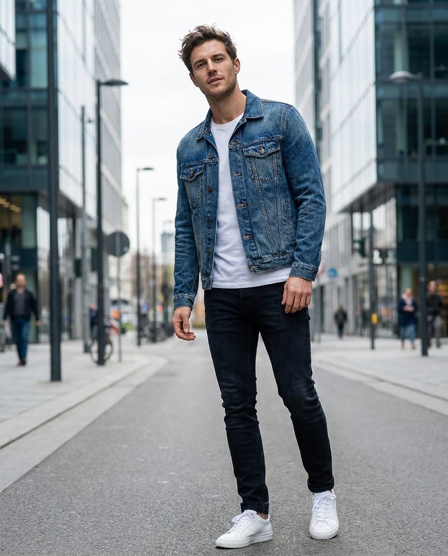 AI-modelfoto van PixAds: mannelijk model in een spijkerjas op een stadsstraat