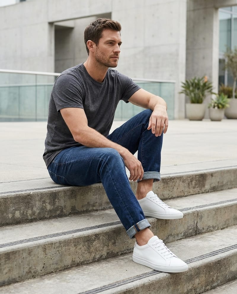 AI-modelfoto van PixAds: man met witte sneakers op betonnen trappen
